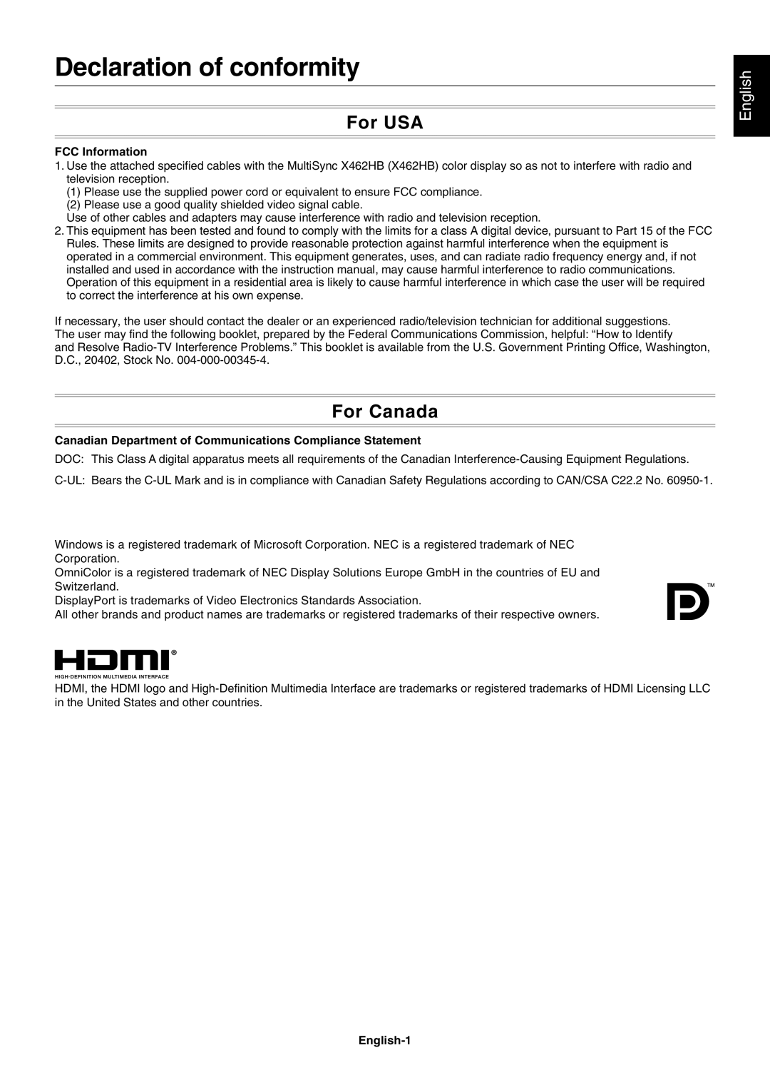 NEC MULTISYNC X462HB user manual Declaration of conformity, For USA, For Canada 