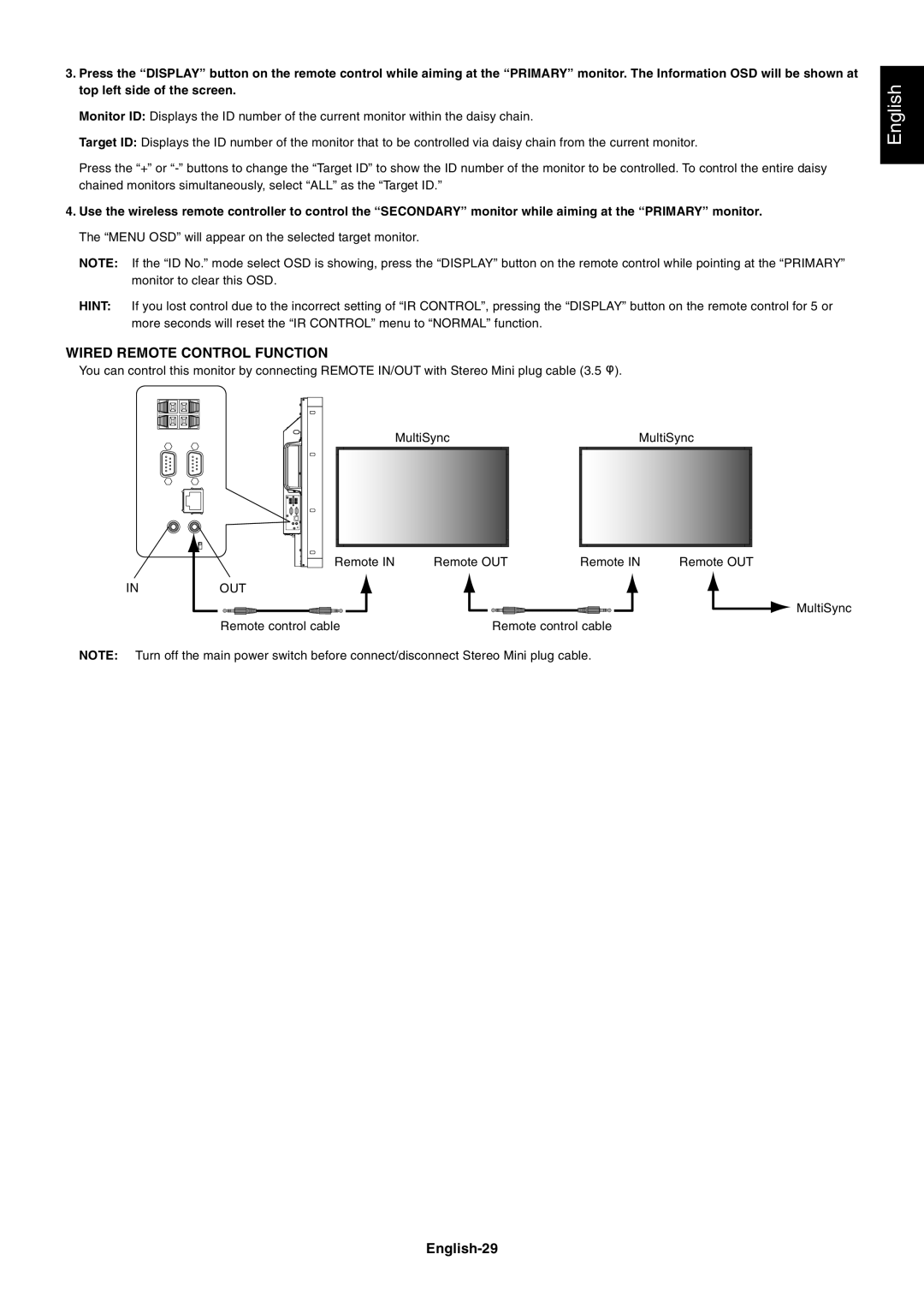 NEC MULTISYNC X462HB user manual Wired Remote Control Function, English-29, Inout 