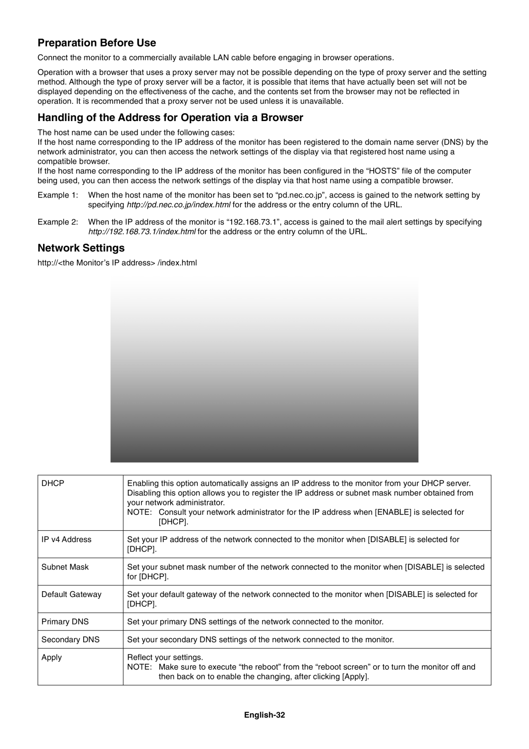 NEC MULTISYNC X462HB Preparation Before Use, Handling of the Address for Operation via a Browser, Network Settings 