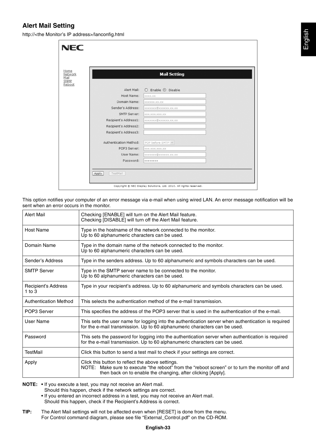 NEC MULTISYNC X462HB user manual Alert Mail Setting, English-33 