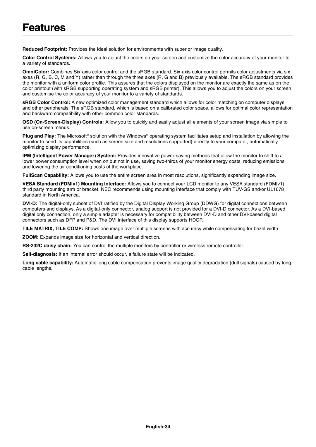 NEC MULTISYNC X462HB user manual Features, English-34 