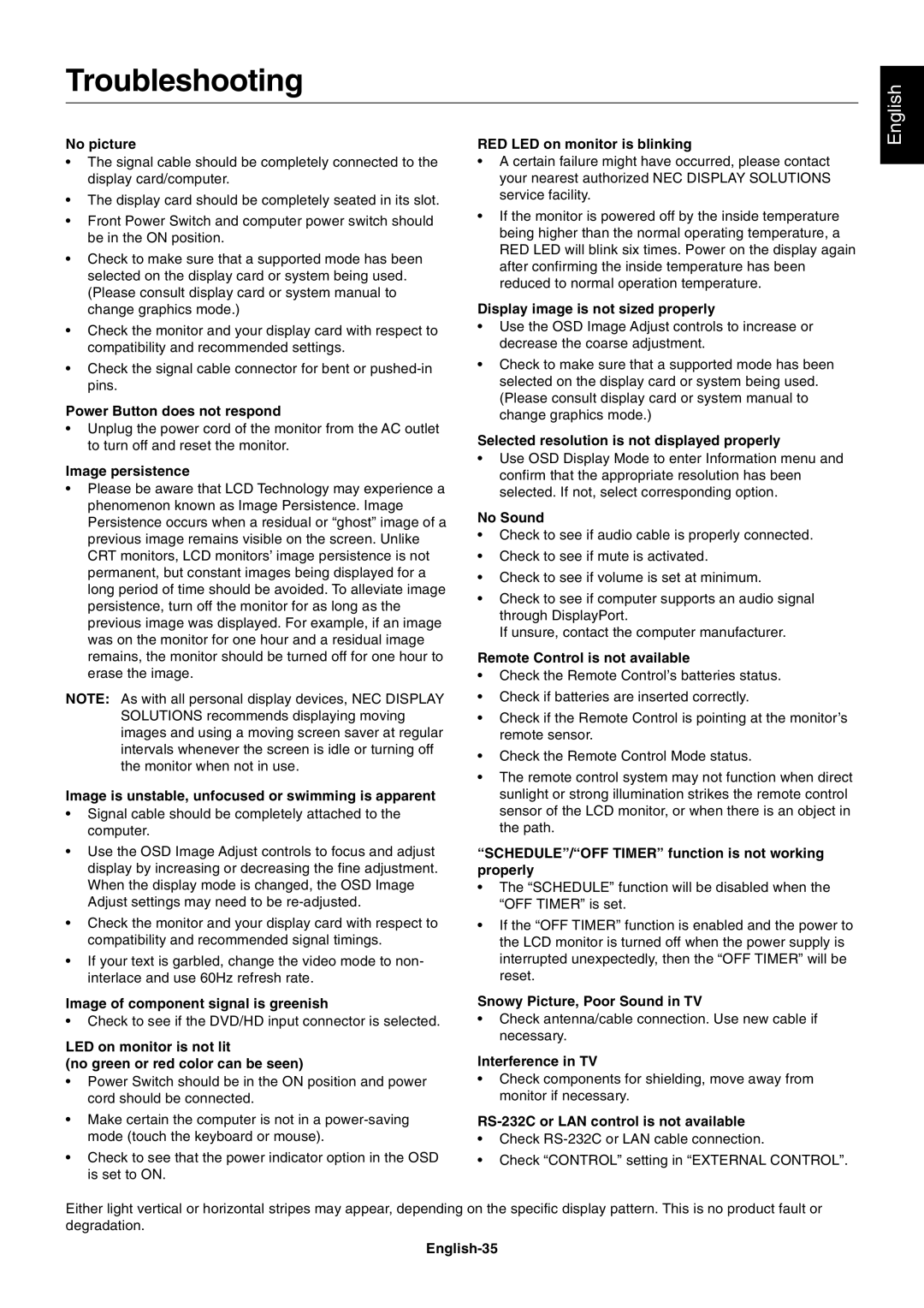 NEC MULTISYNC X462HB user manual Troubleshooting 