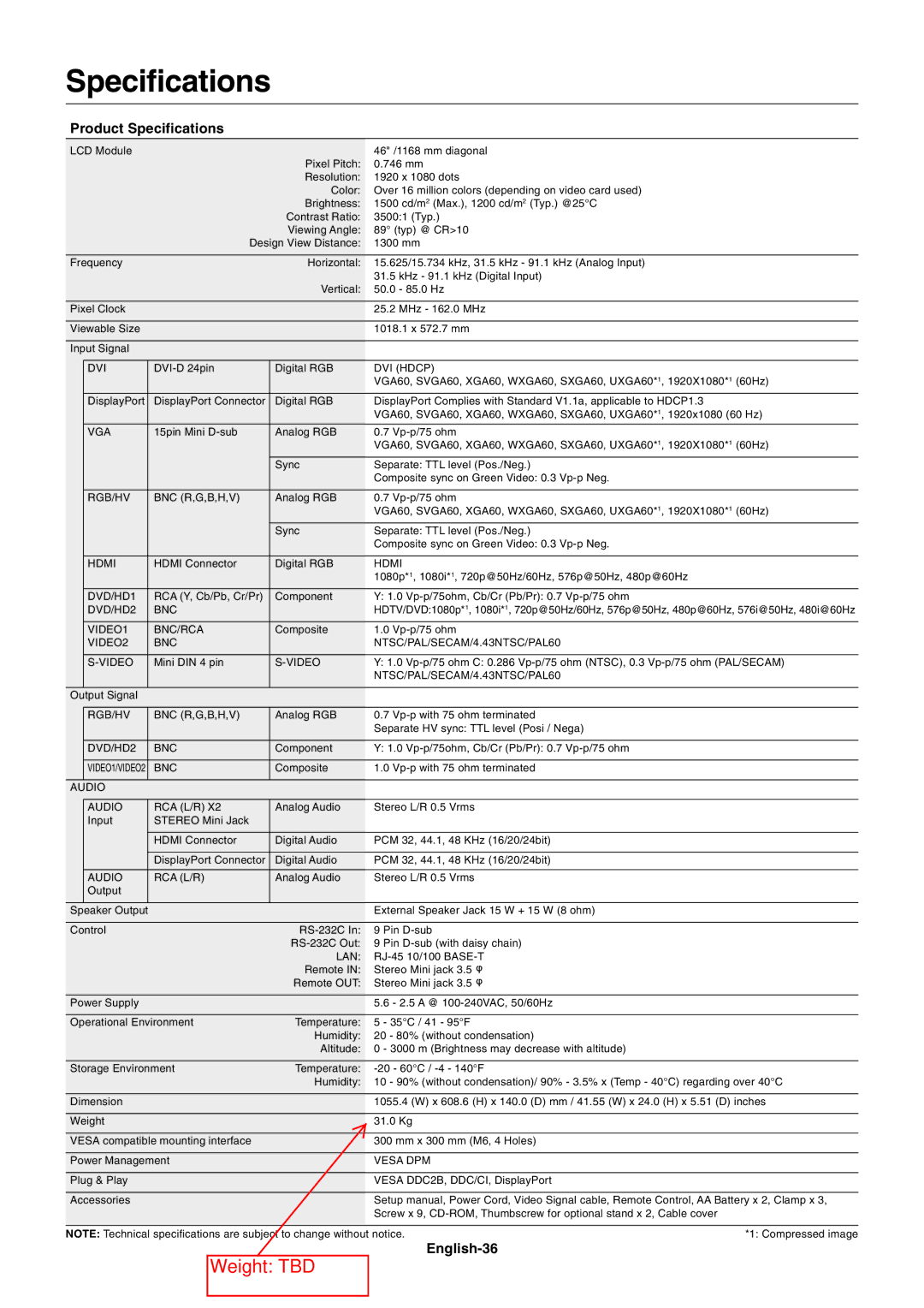 NEC MULTISYNC X462HB user manual Product Specifications, English-36 