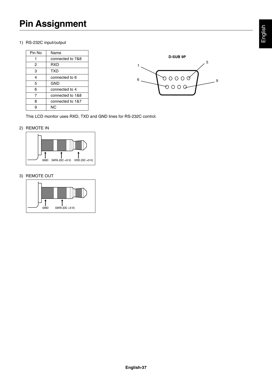 NEC MULTISYNC X462HB user manual Pin Assignment, English-37, Rxd Txd, Gnd 