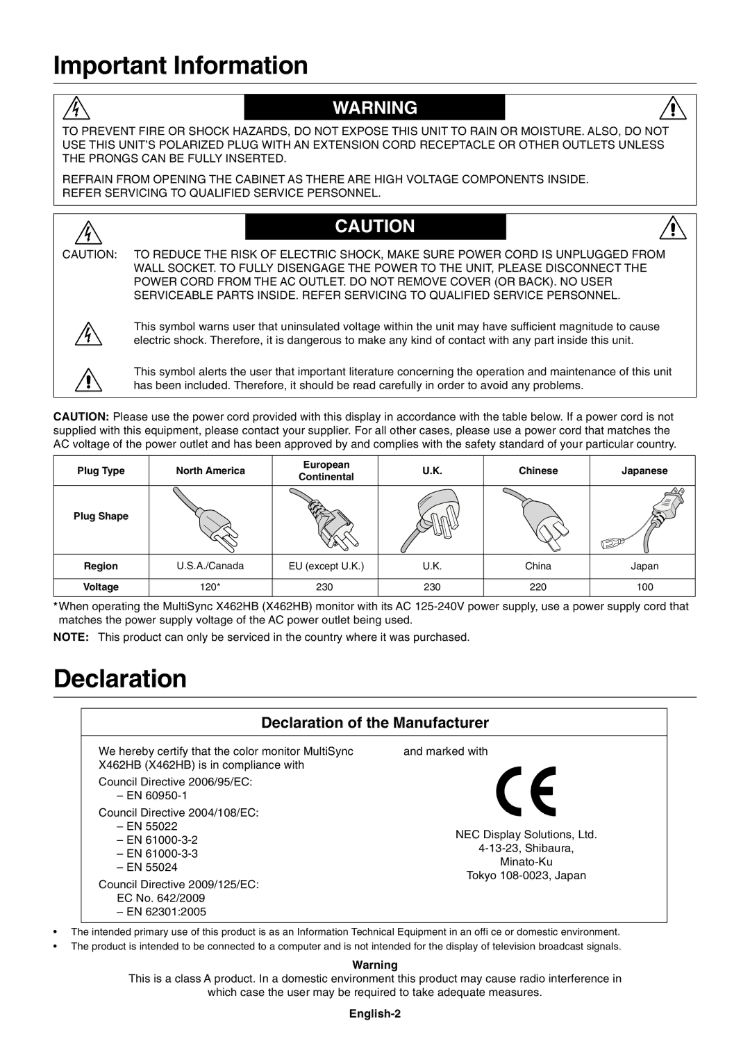 NEC MULTISYNC X462HB user manual Important Information, Declaration of the Manufacturer, English-2 