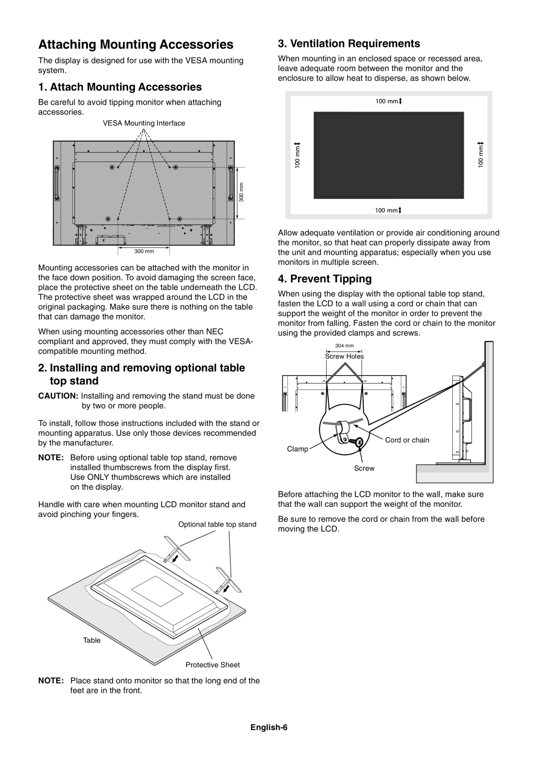 NEC MULTISYNC X462HB user manual Attaching Mounting Accessories, Attach Mounting Accessories, Ventilation Requirements 