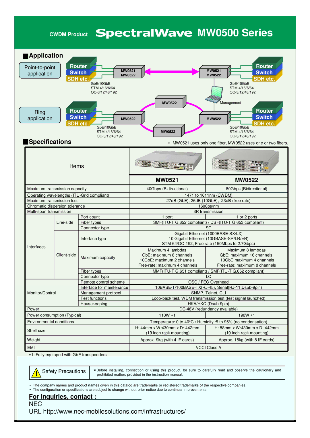 NEC MW0500 manual Application, Specifications, For inquiries, contact 