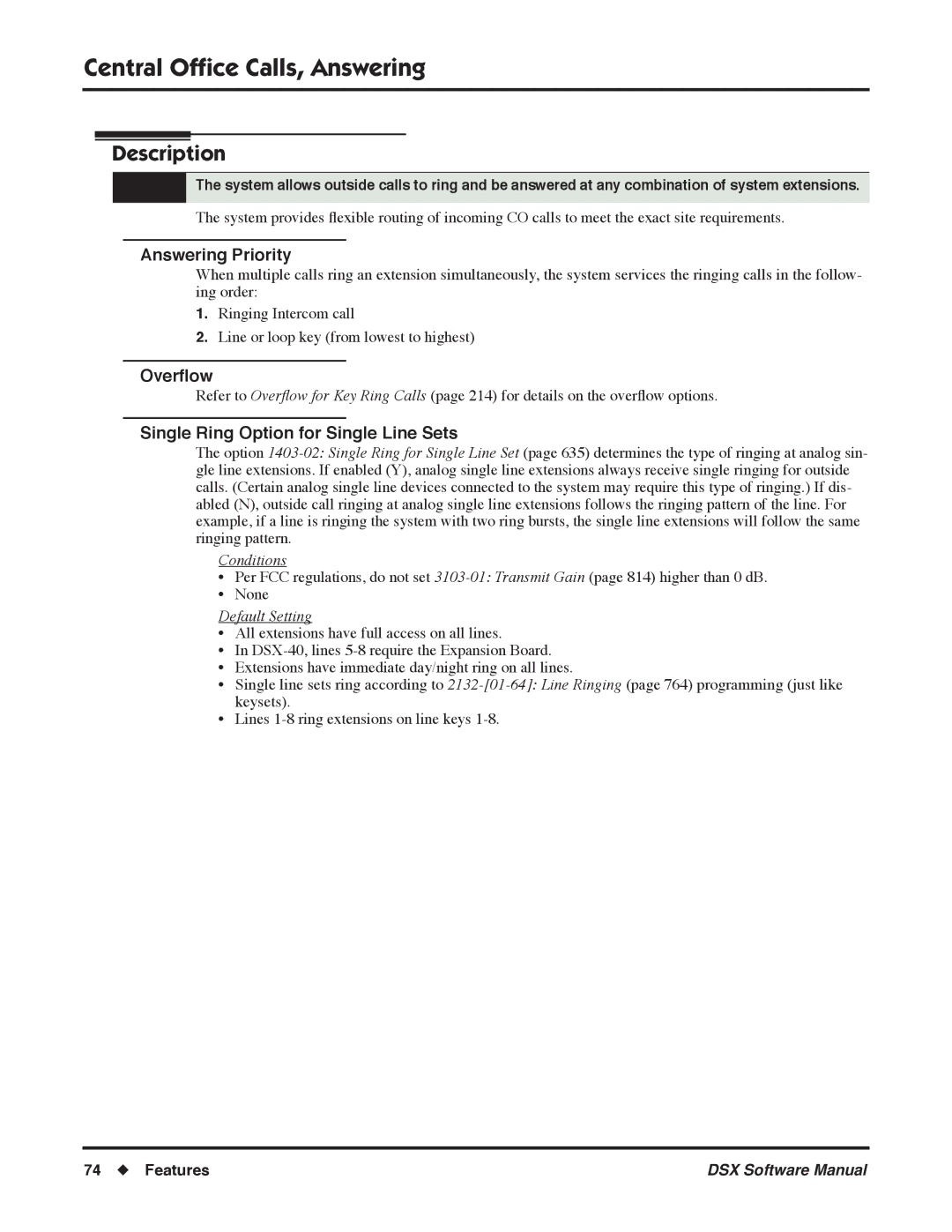 NEC N 1093100 Central Ofﬁce Calls, Answering, Answering Priority, Overﬂow, Single Ring Option for Single Line Sets 