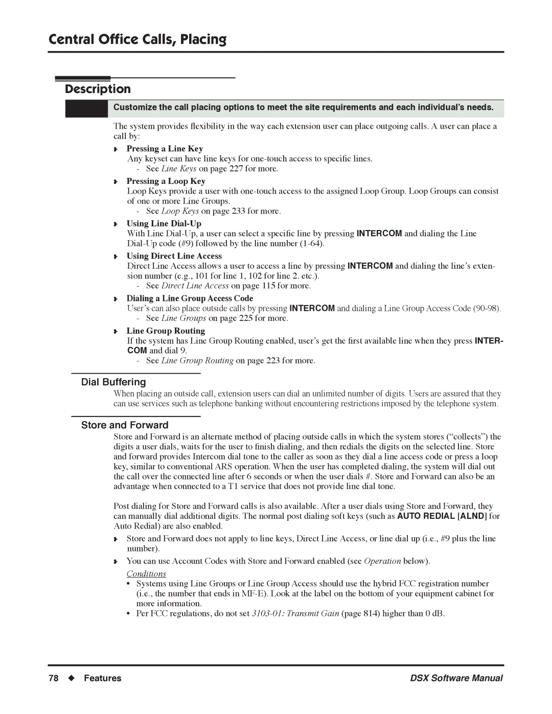 NEC N 1093100 software manual Central Ofﬁce Calls, Placing, Dial Buffering, Store and Forward 