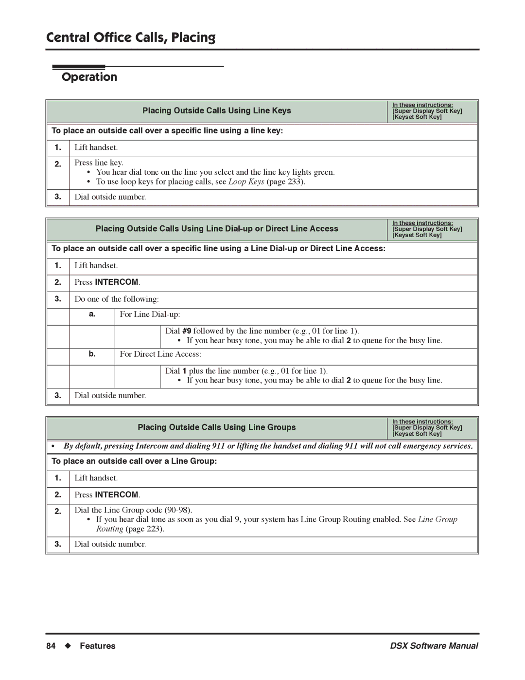 NEC N 1093100 software manual Placing Outside Calls Using Line Keys, To place an outside call over a Line Group 