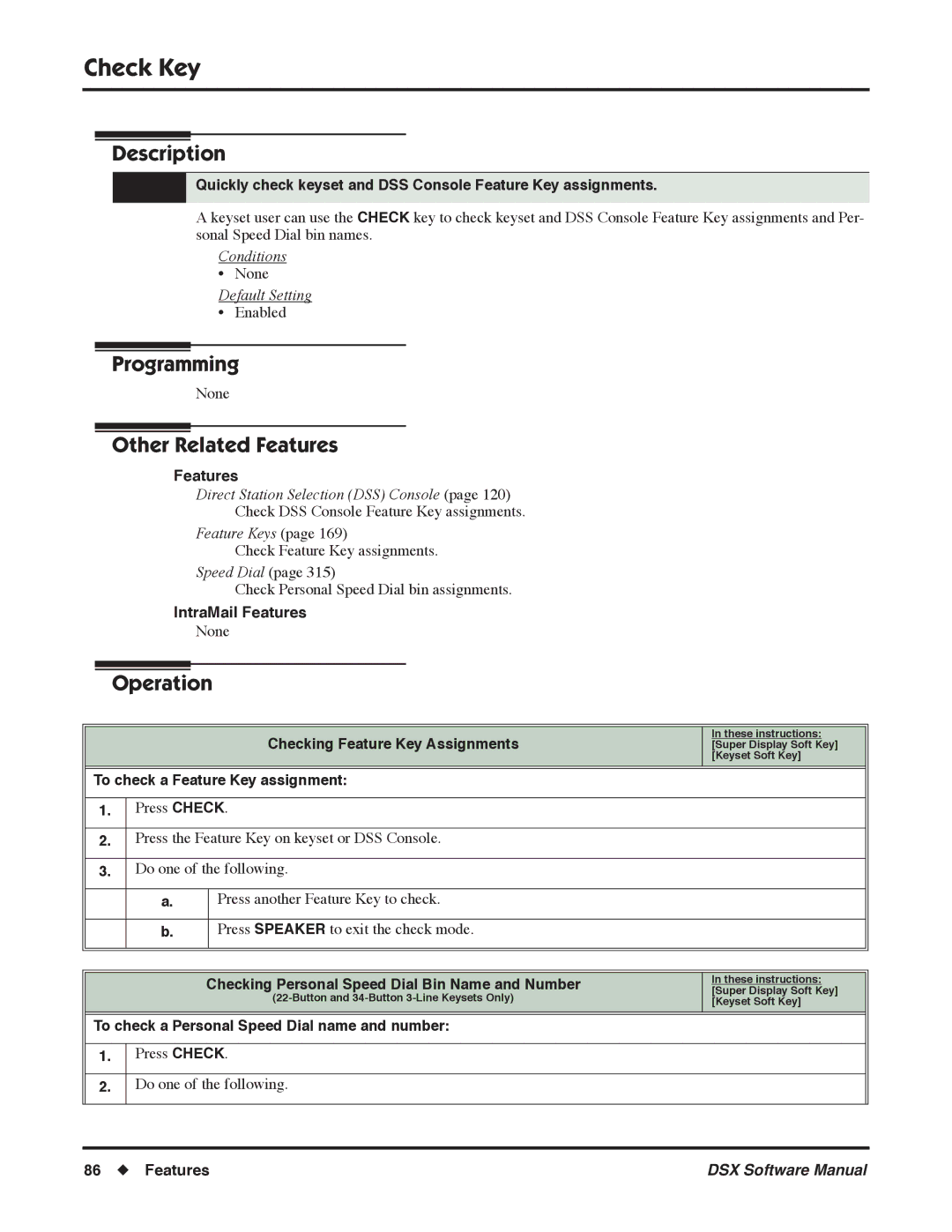 NEC N 1093100, P software manual Check Key, Checking Feature Key Assignments, To check a Feature Key assignment 