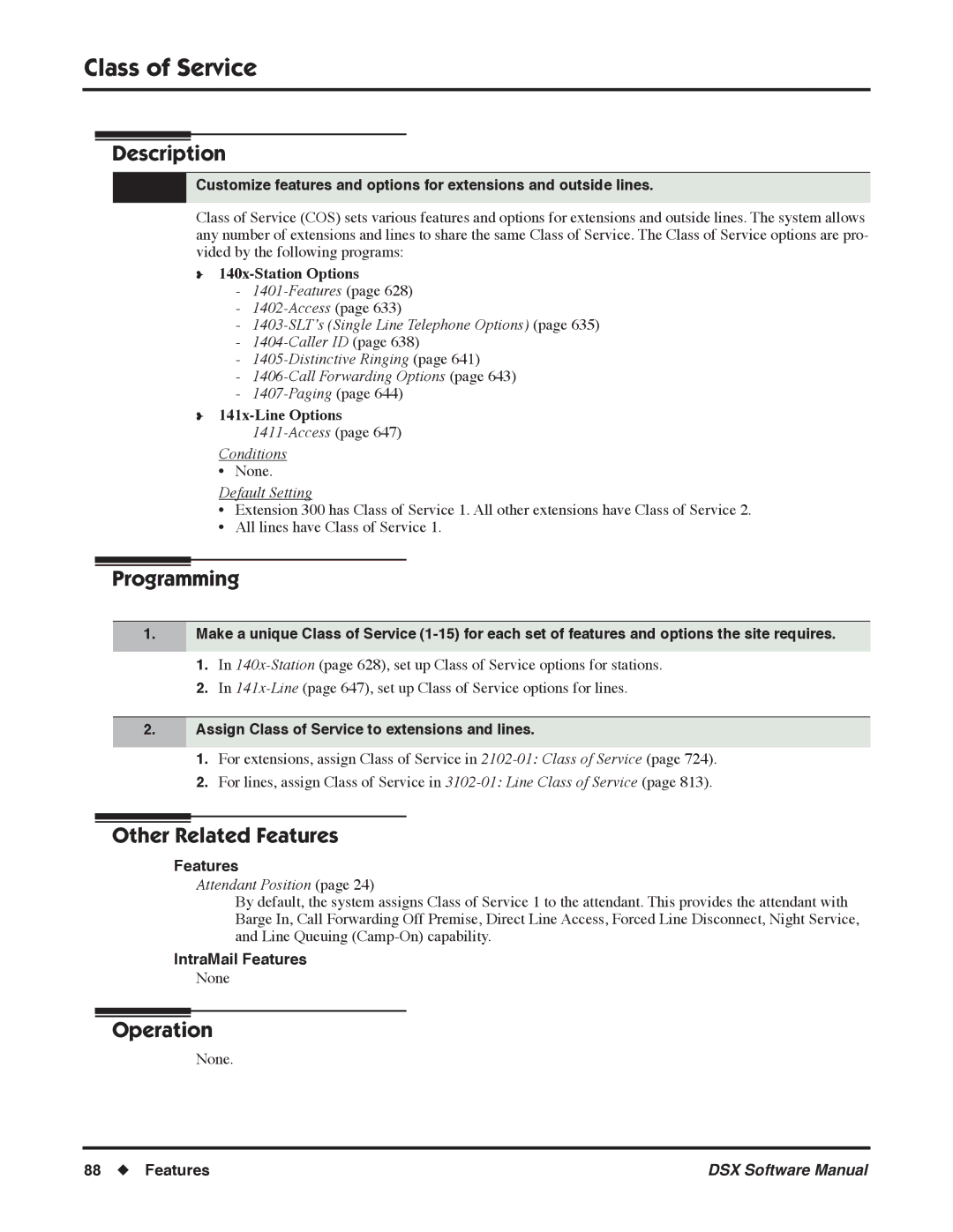 NEC N 1093100, P software manual Class of Service, 140x-Station Options, 141x-Line Options, Accesspage Conditions 