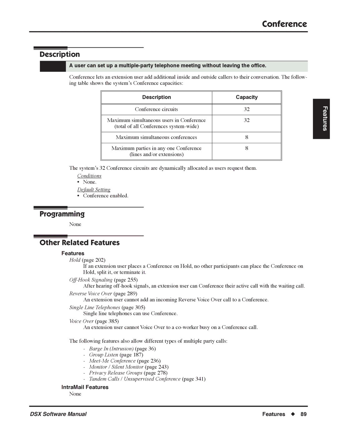 NEC P, N 1093100 software manual Conference, Description Capacity, Reverse Voice Over 