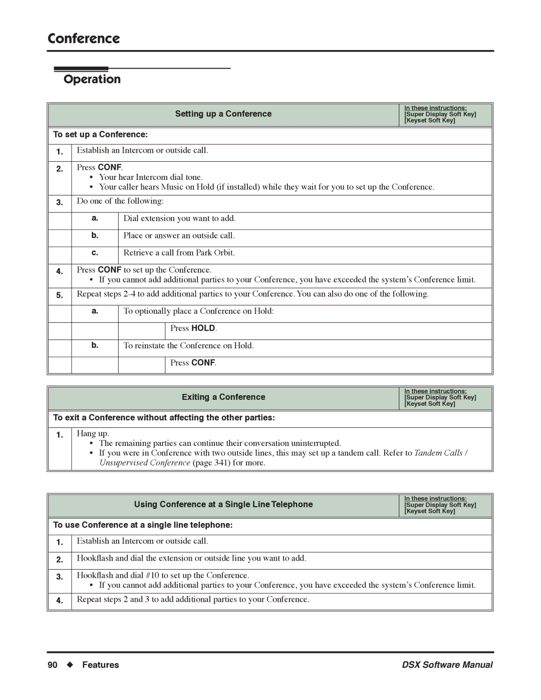 NEC N 1093100, P software manual To set up a Conference, To exit a Conference without affecting the other parties 