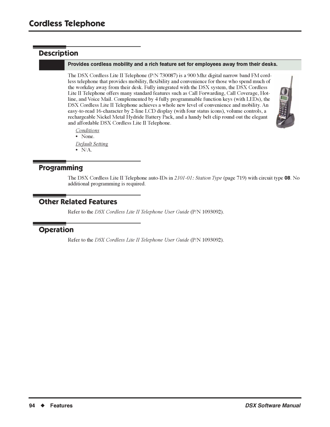 NEC N 1093100 software manual Cordless Telephone, Refer to the DSX Cordless Lite II Telephone User Guide P/N 