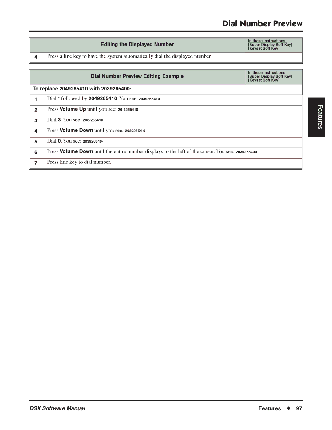 NEC N 1093100 Editing the Displayed Number, Dial Number Preview Editing Example, To replace 2049265410 with 