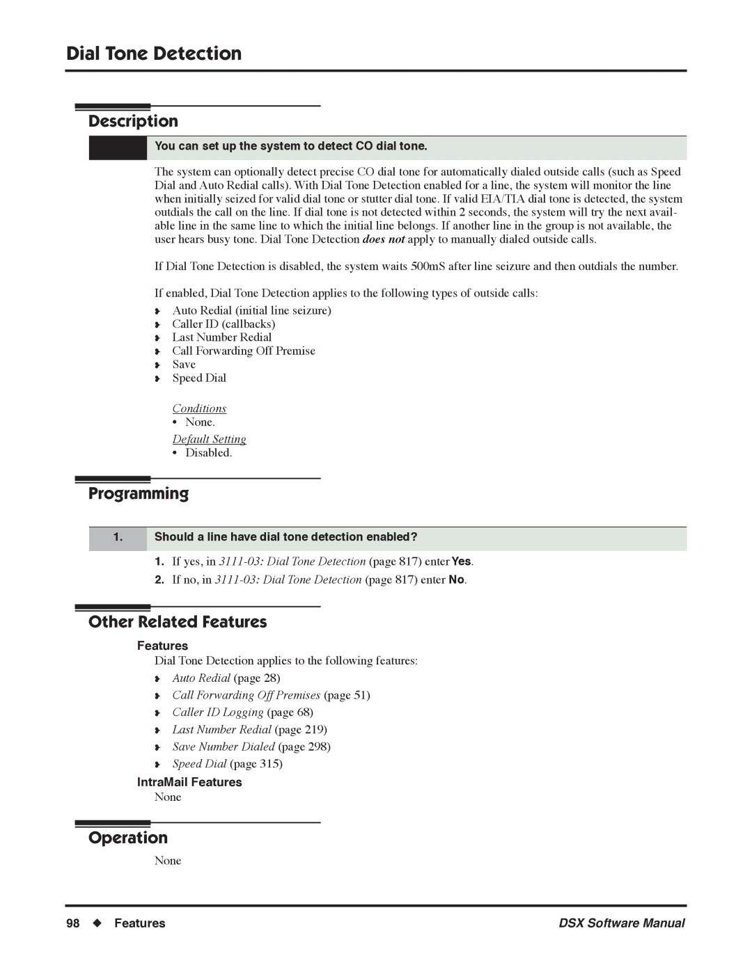 NEC N 1093100, P software manual Dial Tone Detection, You can set up the system to detect CO dial tone 