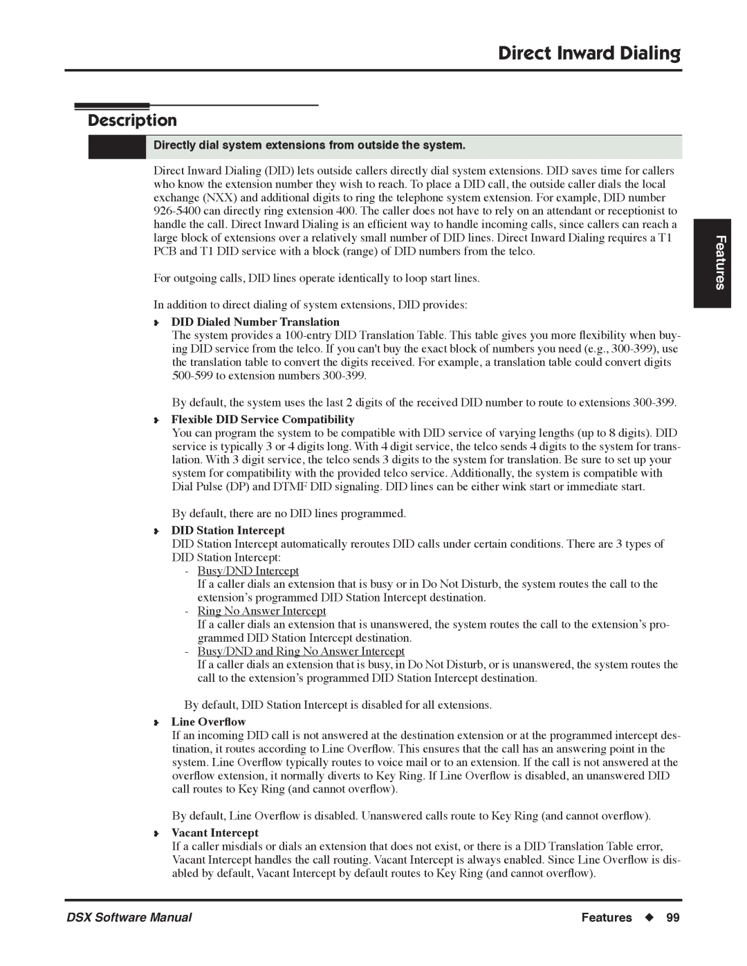 NEC P, N 1093100 software manual Direct Inward Dialing, Directly dial system extensions from outside the system 