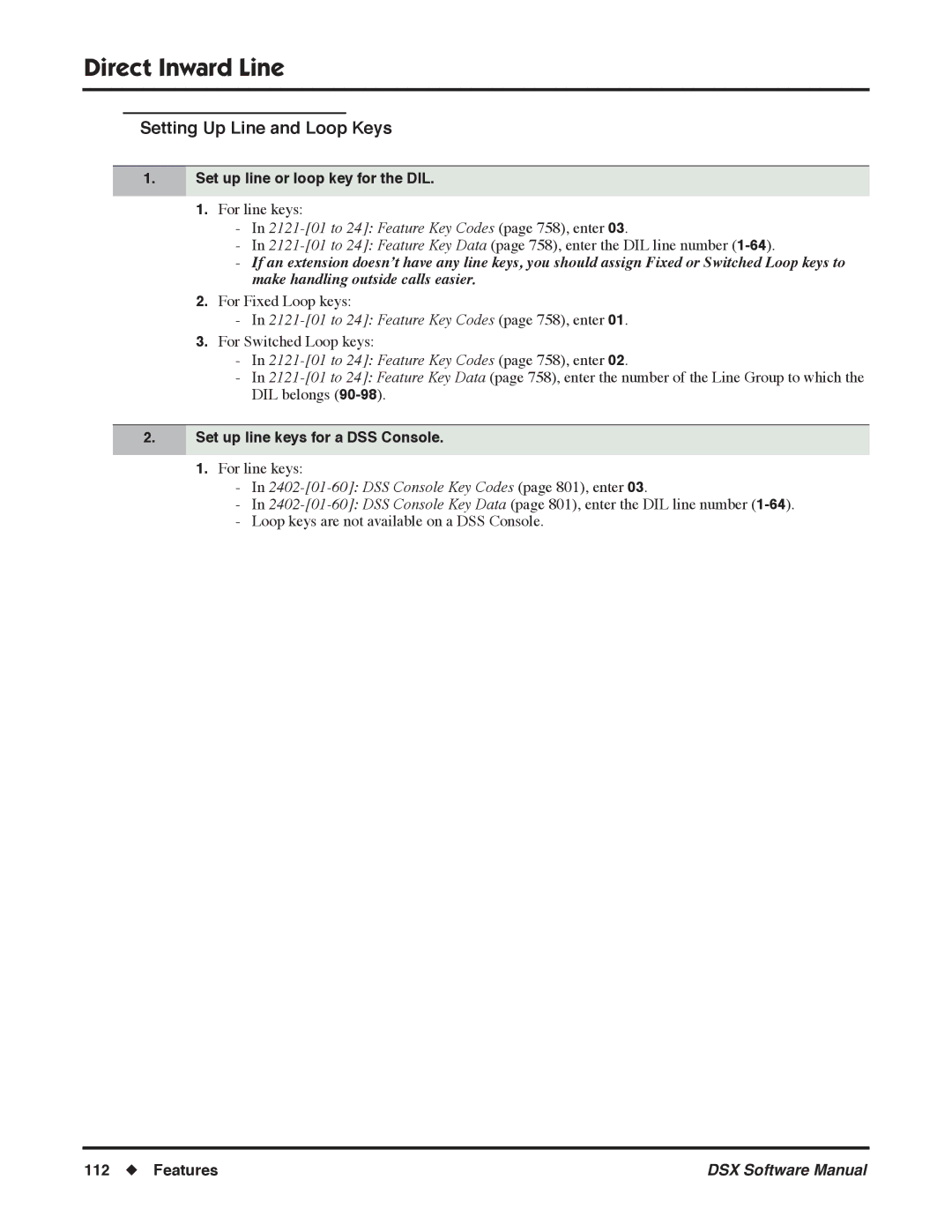 NEC N 1093100, P software manual Setting Up Line and Loop Keys, Set up line or loop key for the DIL 