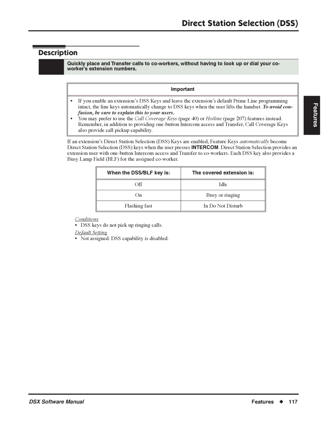 NEC P, N 1093100 software manual Direct Station Selection DSS, When the DSS/BLF key is Covered extension is 