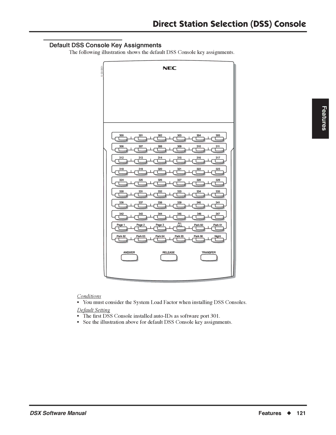 NEC P, N 1093100 software manual Default DSS Console Key Assignments, Conditions 