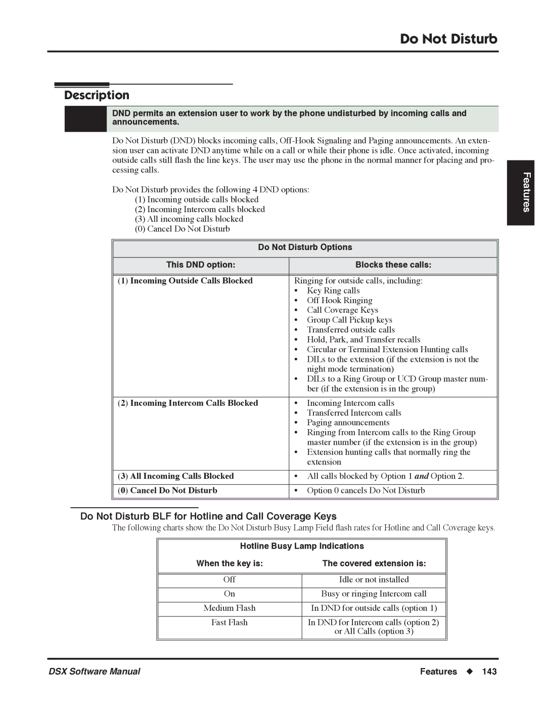 NEC P Do Not Disturb BLF for Hotline and Call Coverage Keys, Do Not Disturb Options This DND option Blocks these calls 