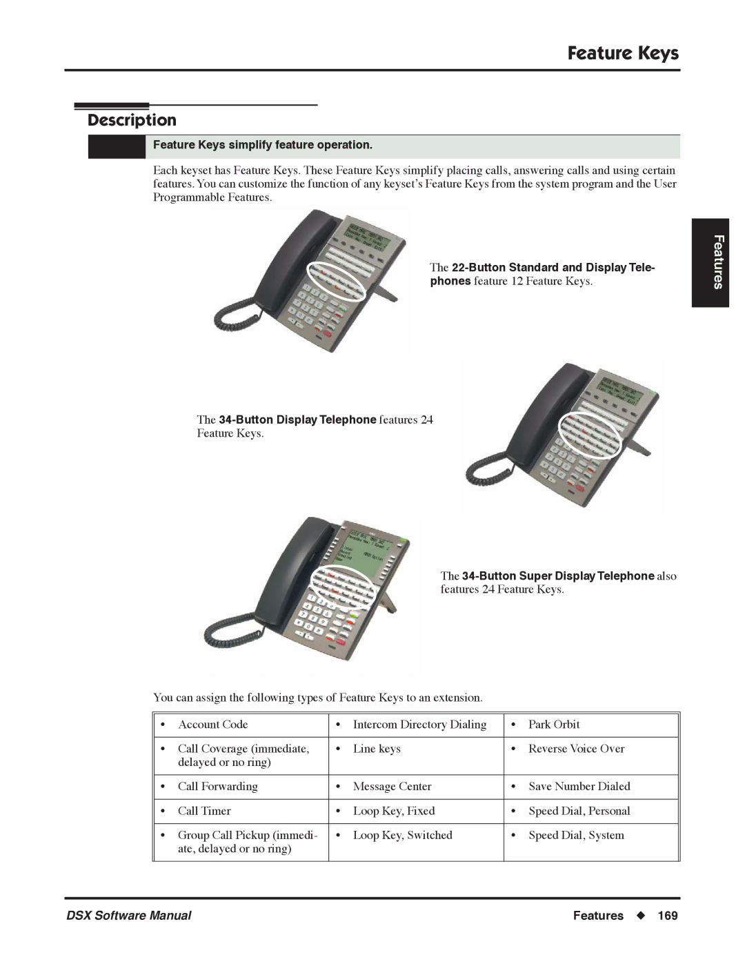 NEC P, N 1093100 software manual Feature Keys simplify feature operation, Button Display Telephone features 