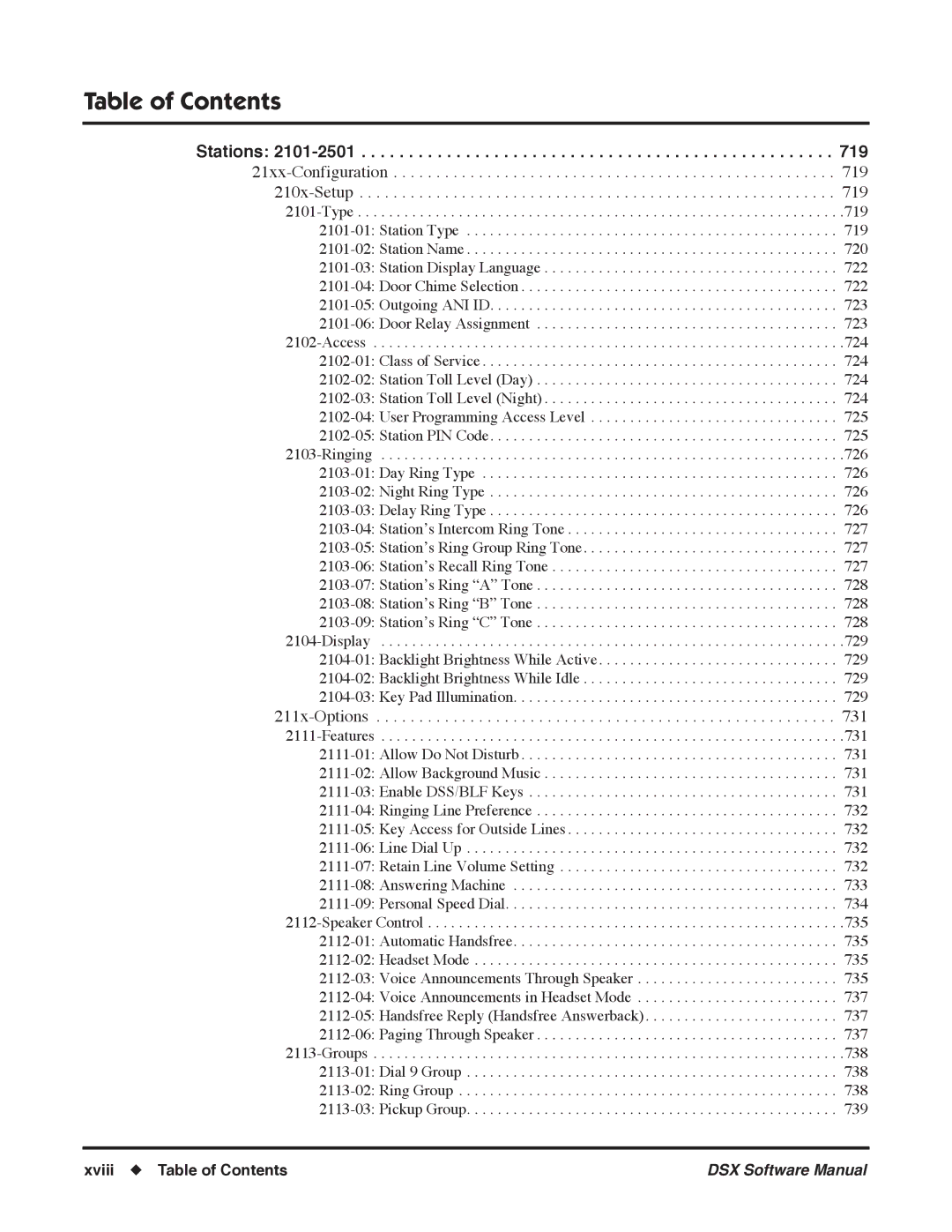 NEC N 1093100, P software manual Stations 2101-2501 21xx-Configuration 210x-Setup, Xviii Table of Contents 