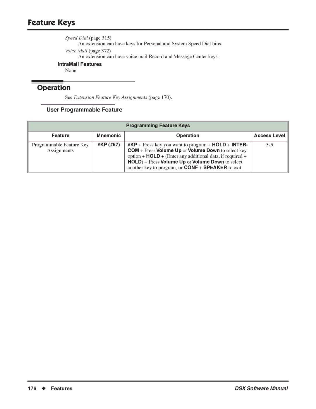 NEC N 1093100 software manual Programming Feature Keys Mnemonic Operation Access Level, #KP #57 