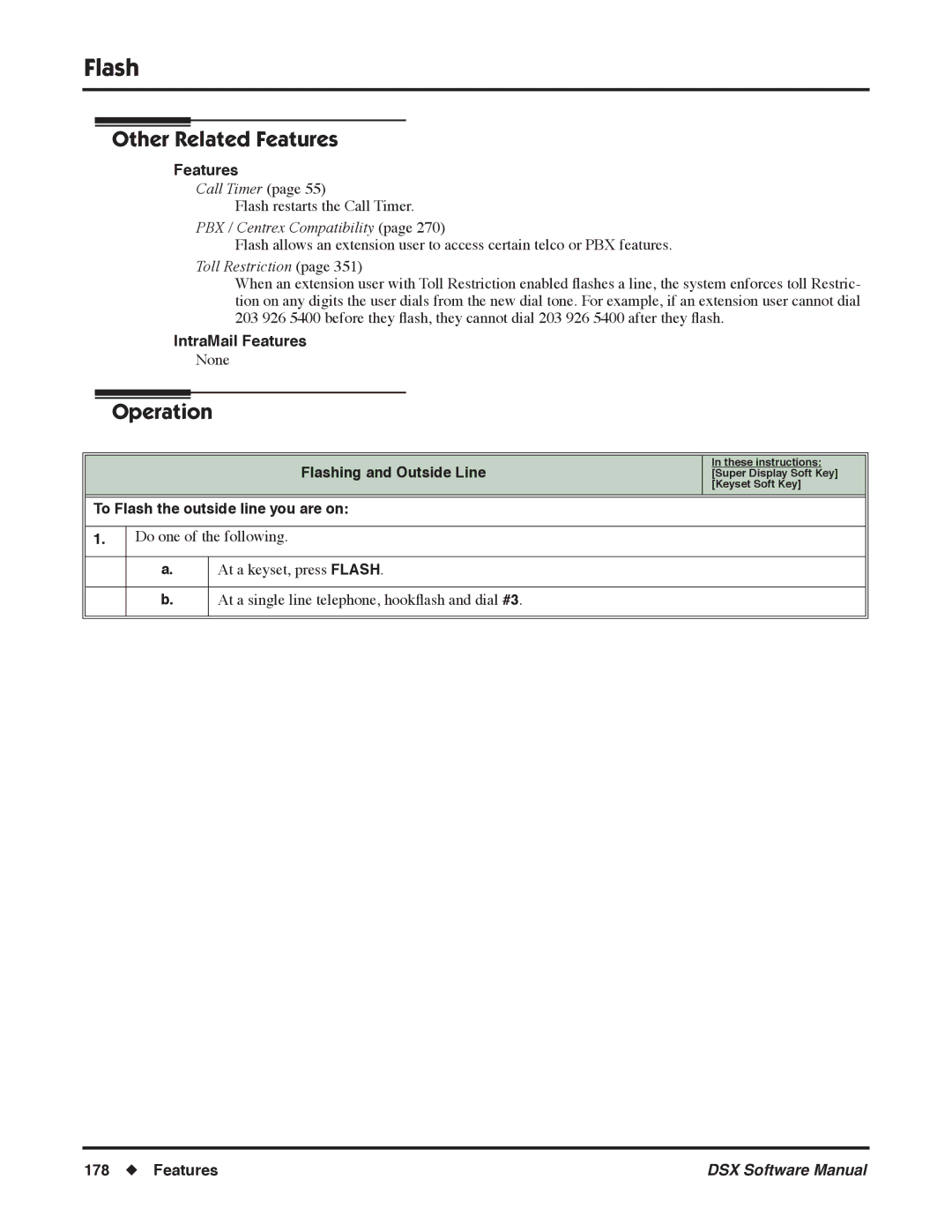 NEC N 1093100 software manual PBX / Centrex Compatibility, Flashing and Outside Line, To Flash the outside line you are on 