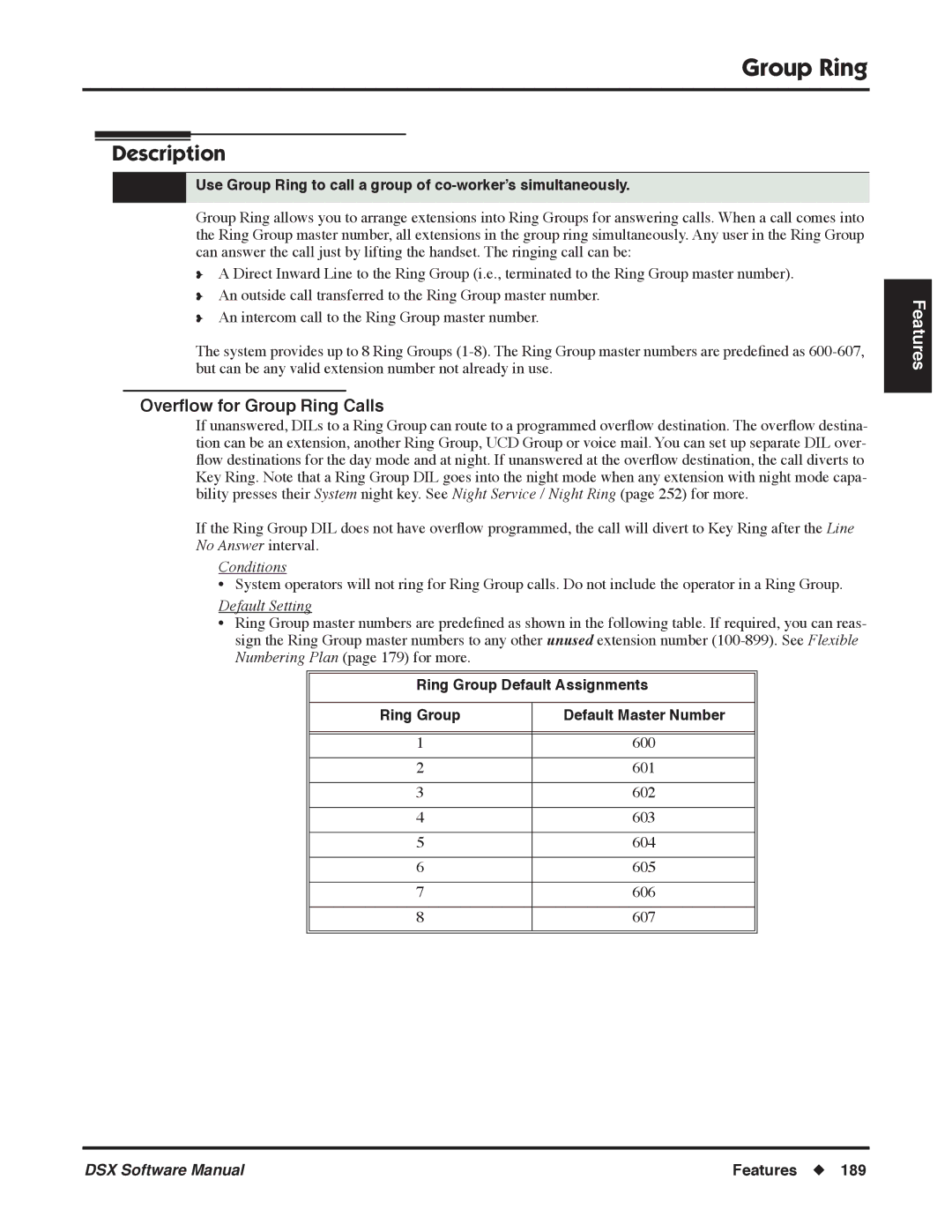 NEC P, N 1093100 software manual Overﬂow for Group Ring Calls, Ring Group Default Assignments Default Master Number 