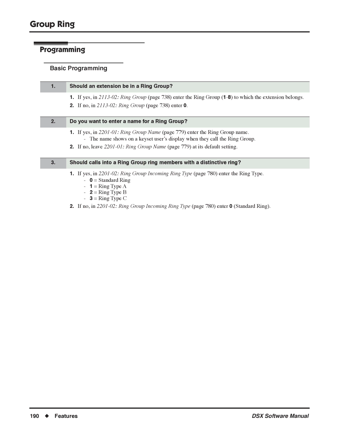 NEC N 1093100, P software manual Should an extension be in a Ring Group?, Do you want to enter a name for a Ring Group? 