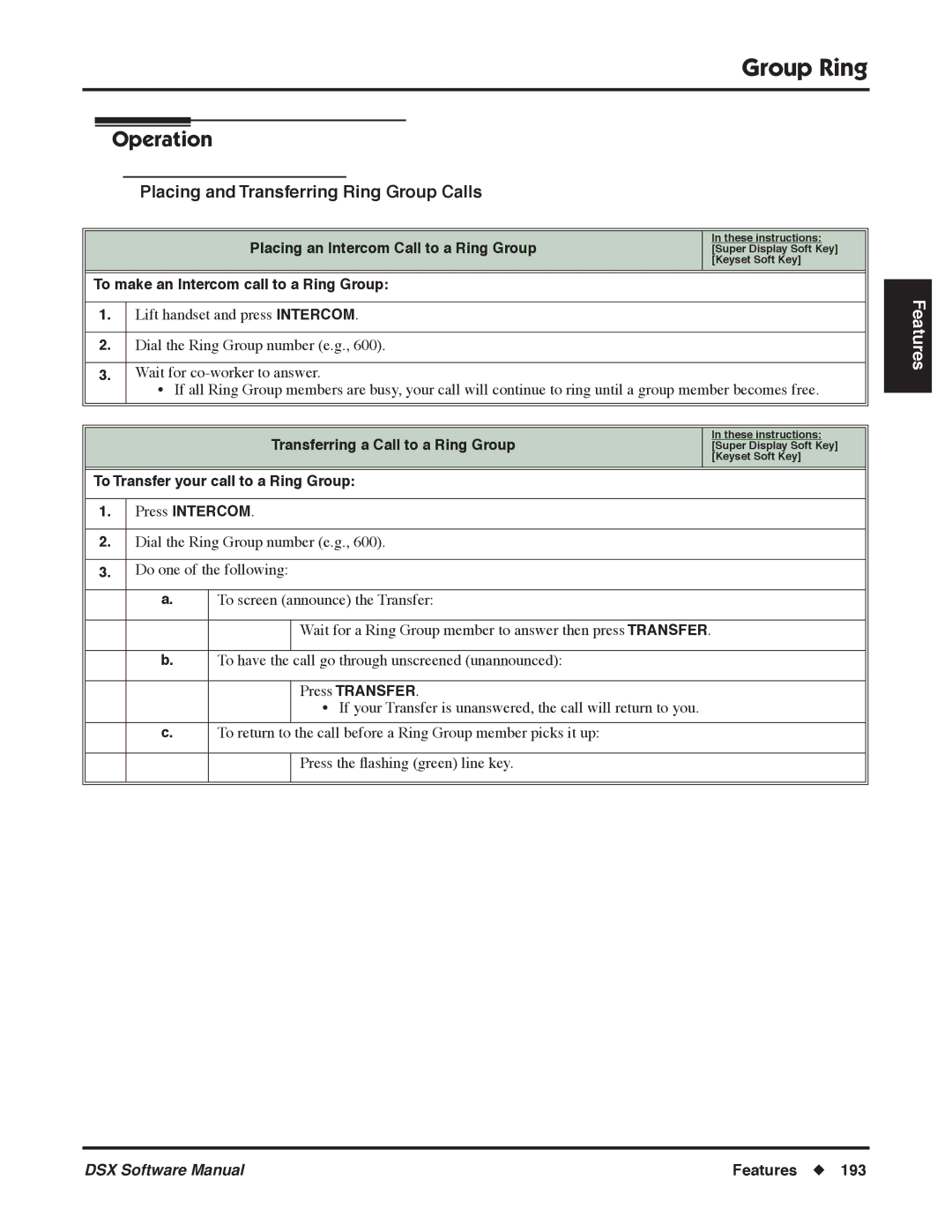 NEC N 1093100 software manual Placing and Transferring Ring Group Calls, To make an Intercom call to a Ring Group 