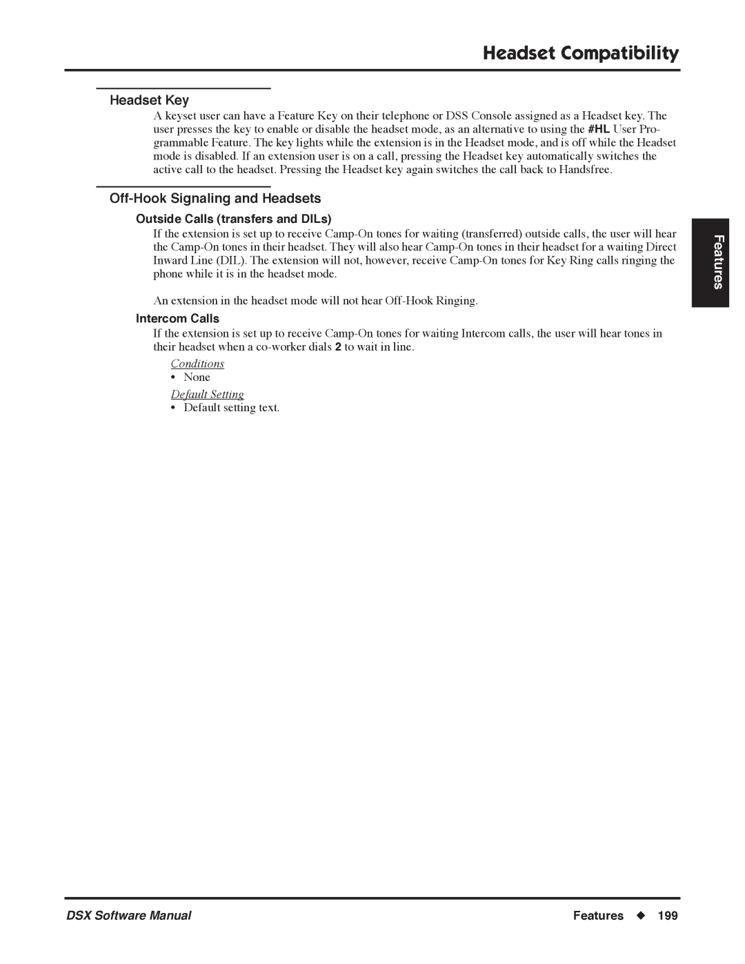 NEC P, N 1093100 Headset Key, Off-Hook Signaling and Headsets, Outside Calls transfers and DILs, Intercom Calls 