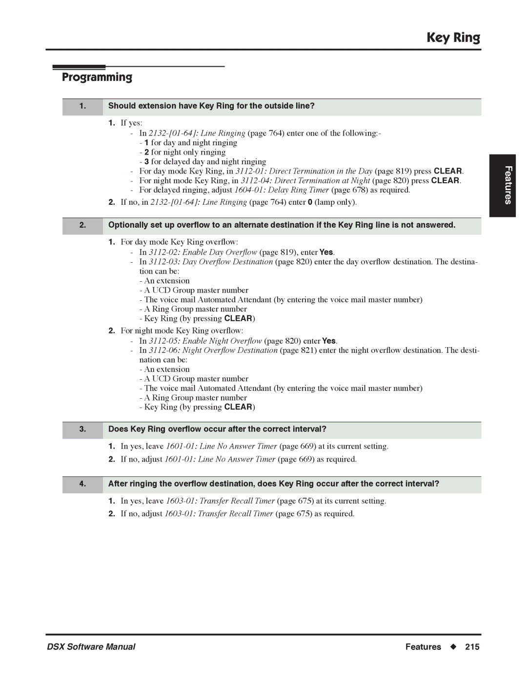 NEC P Should extension have Key Ring for the outside line?, Does Key Ring overﬂow occur after the correct interval? 