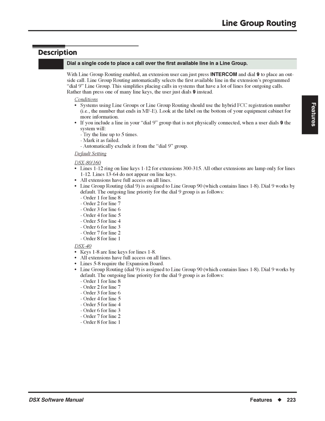 NEC P, N 1093100 software manual Line Group Routing, Default Setting DSX-80/160, DSX-40 