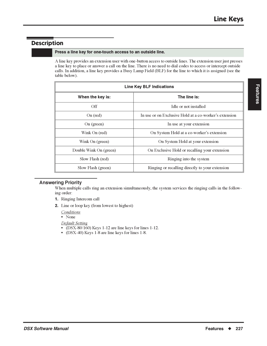 NEC N 1093100 Line Keys, Press a line key for one-touch access to an outside line, Line Key BLF Indications 