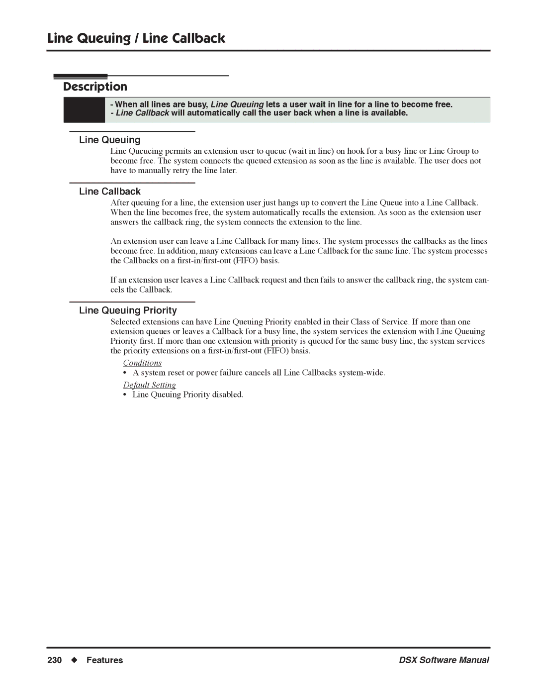 NEC N 1093100 software manual Line Queuing / Line Callback, Line Queuing Priority 