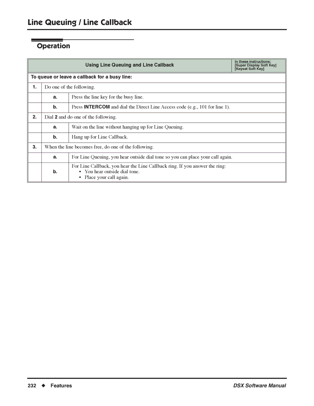 NEC N 1093100, P software manual Using Line Queuing and Line Callback, To queue or leave a callback for a busy line 