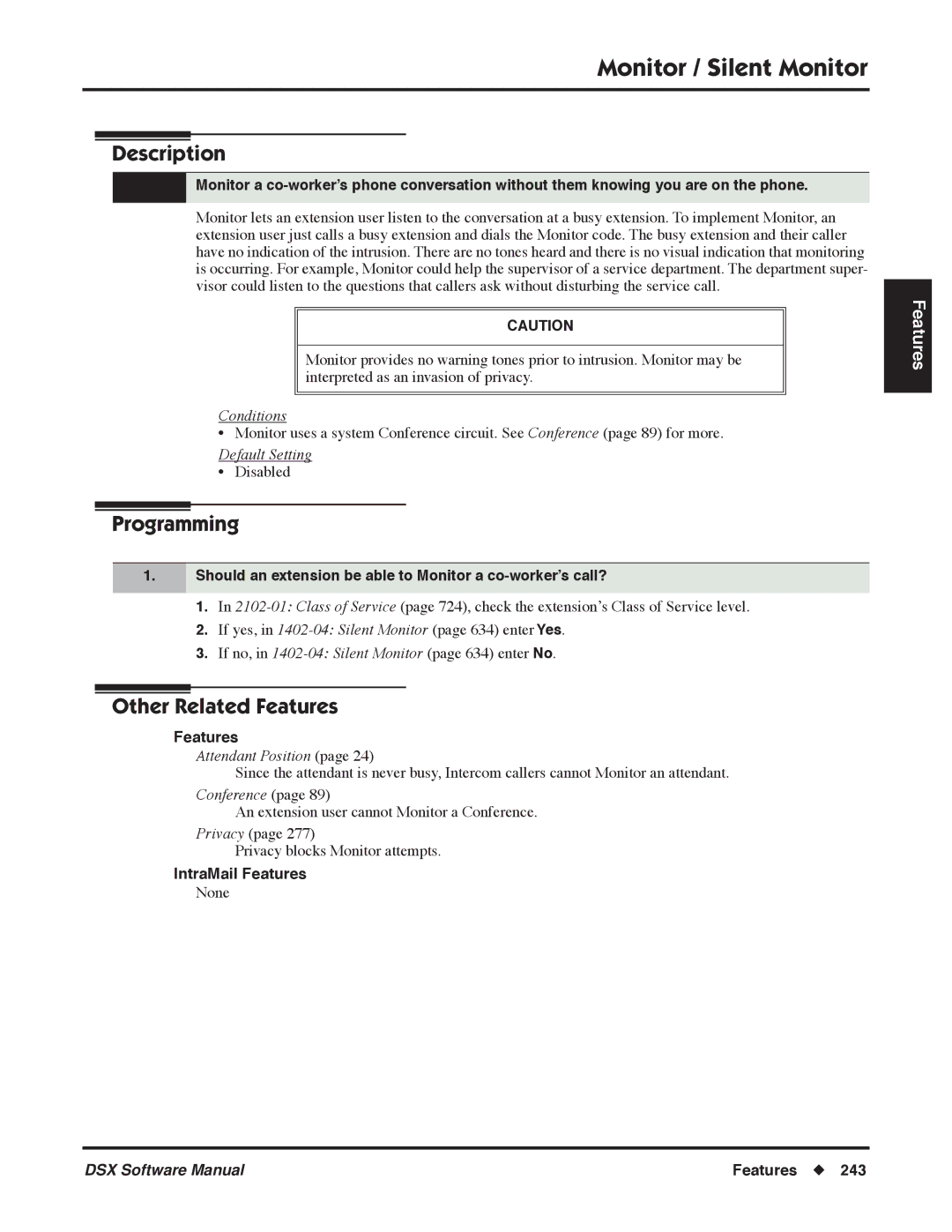 NEC P, N 1093100 software manual Monitor / Silent Monitor, Should an extension be able to Monitor a co-worker’s call? 