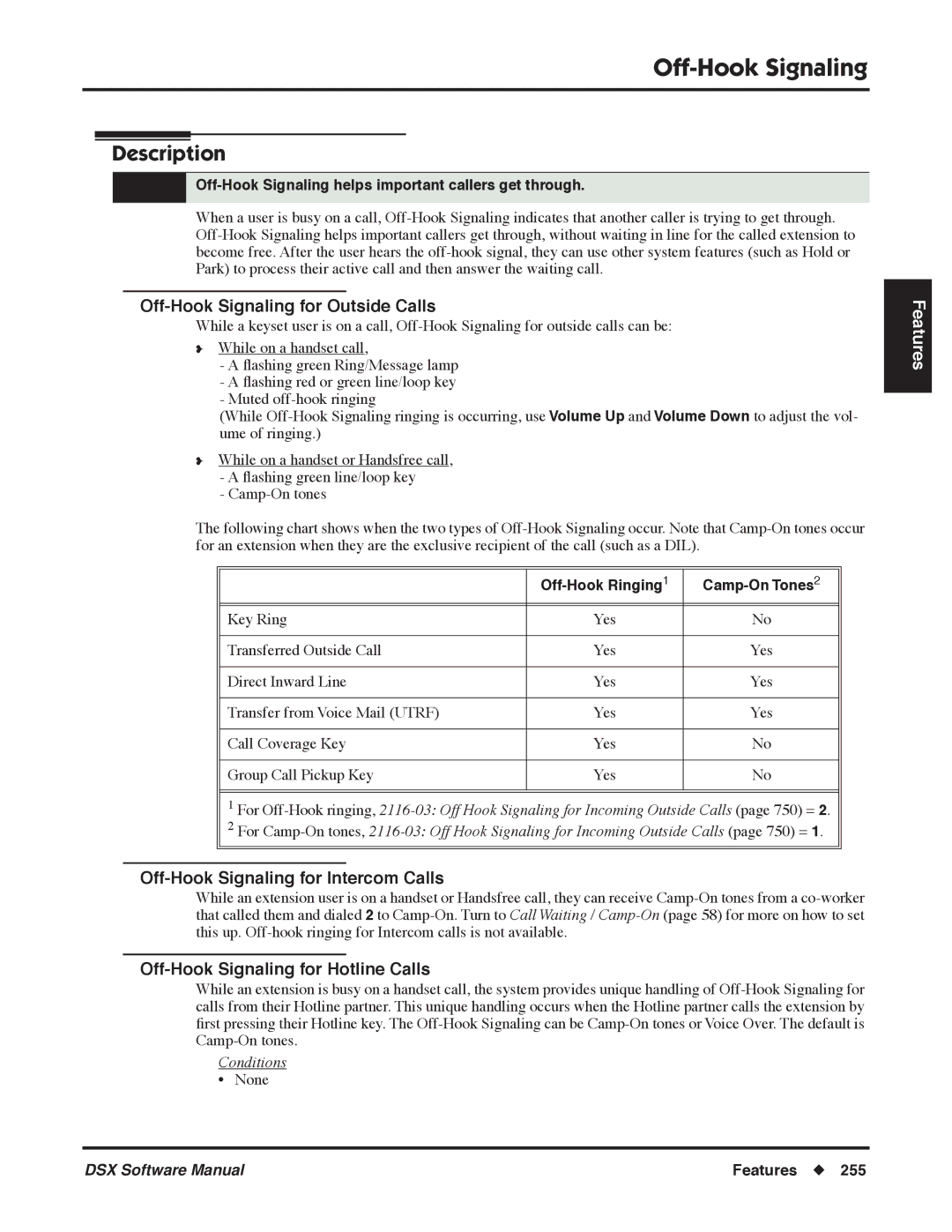 NEC P, N 1093100 software manual Off-Hook Signaling for Outside Calls, Off-Hook Signaling for Intercom Calls 