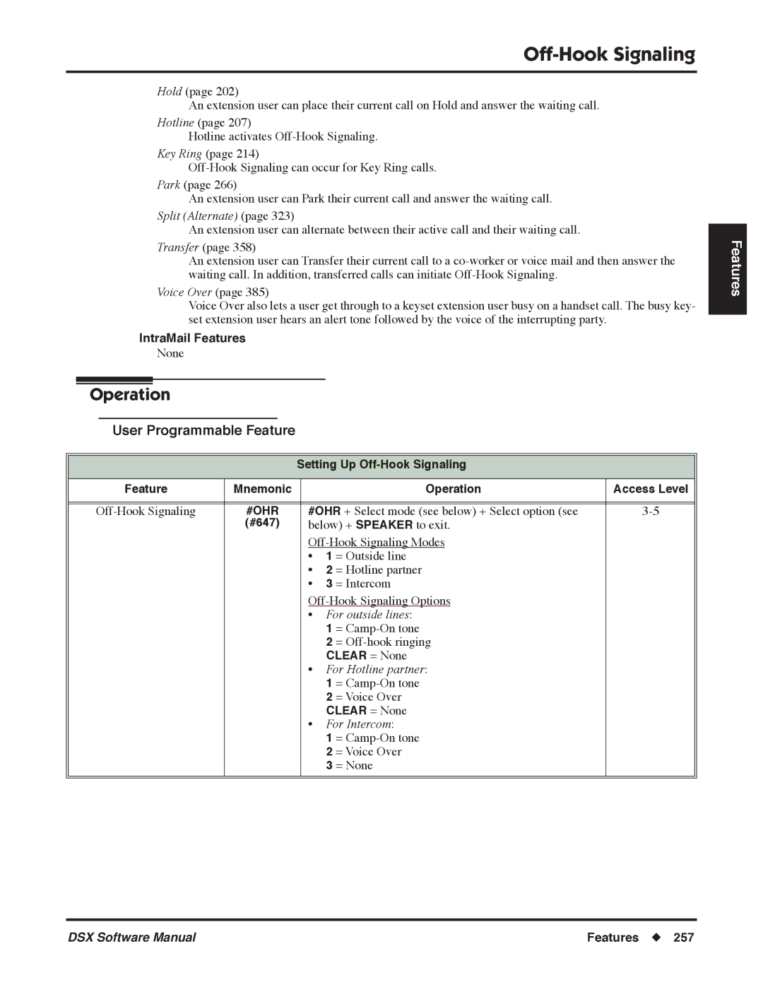 NEC P, N 1093100 software manual #647, For outside lines, Clear = None, For Hotline partner, For Intercom 