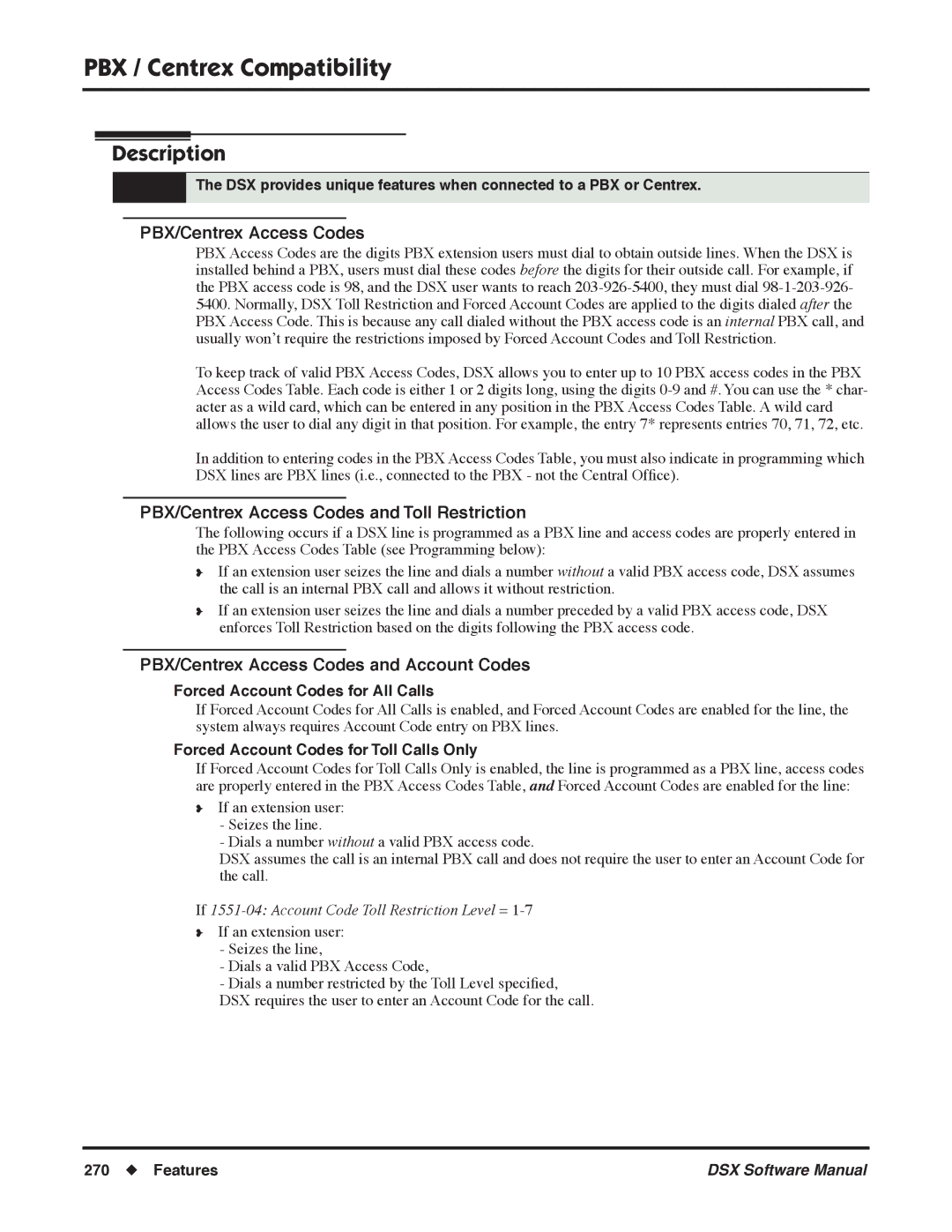 NEC N 1093100 software manual PBX / Centrex Compatibility, PBX/Centrex Access Codes and Toll Restriction 