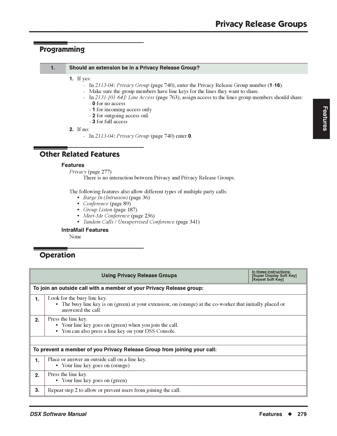 NEC Should an extension be in a Privacy Release Group?, Privacy Group page 740 enter, Using Privacy Release Groups 