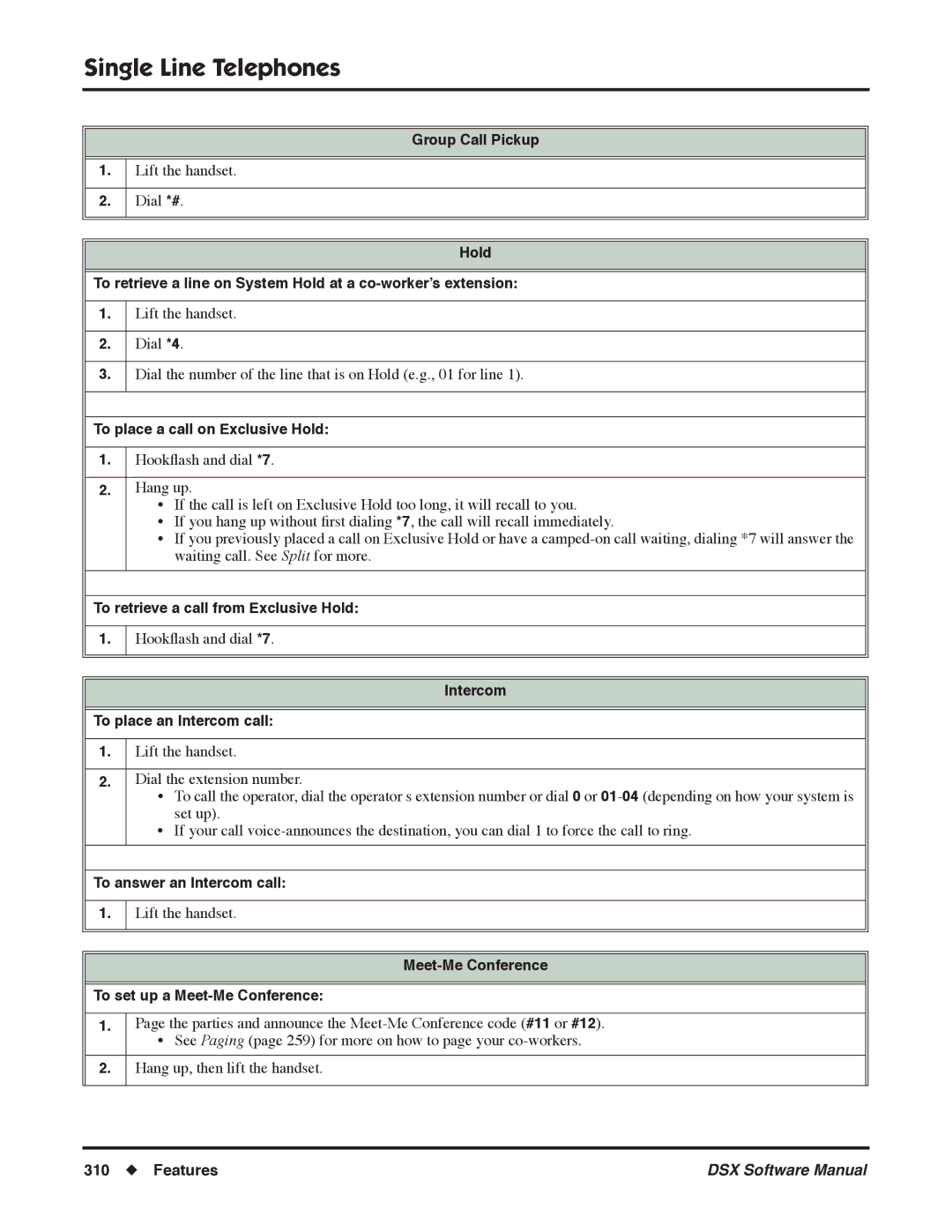 NEC N 1093100 software manual Group Call Pickup, To place a call on Exclusive Hold, To retrieve a call from Exclusive Hold 