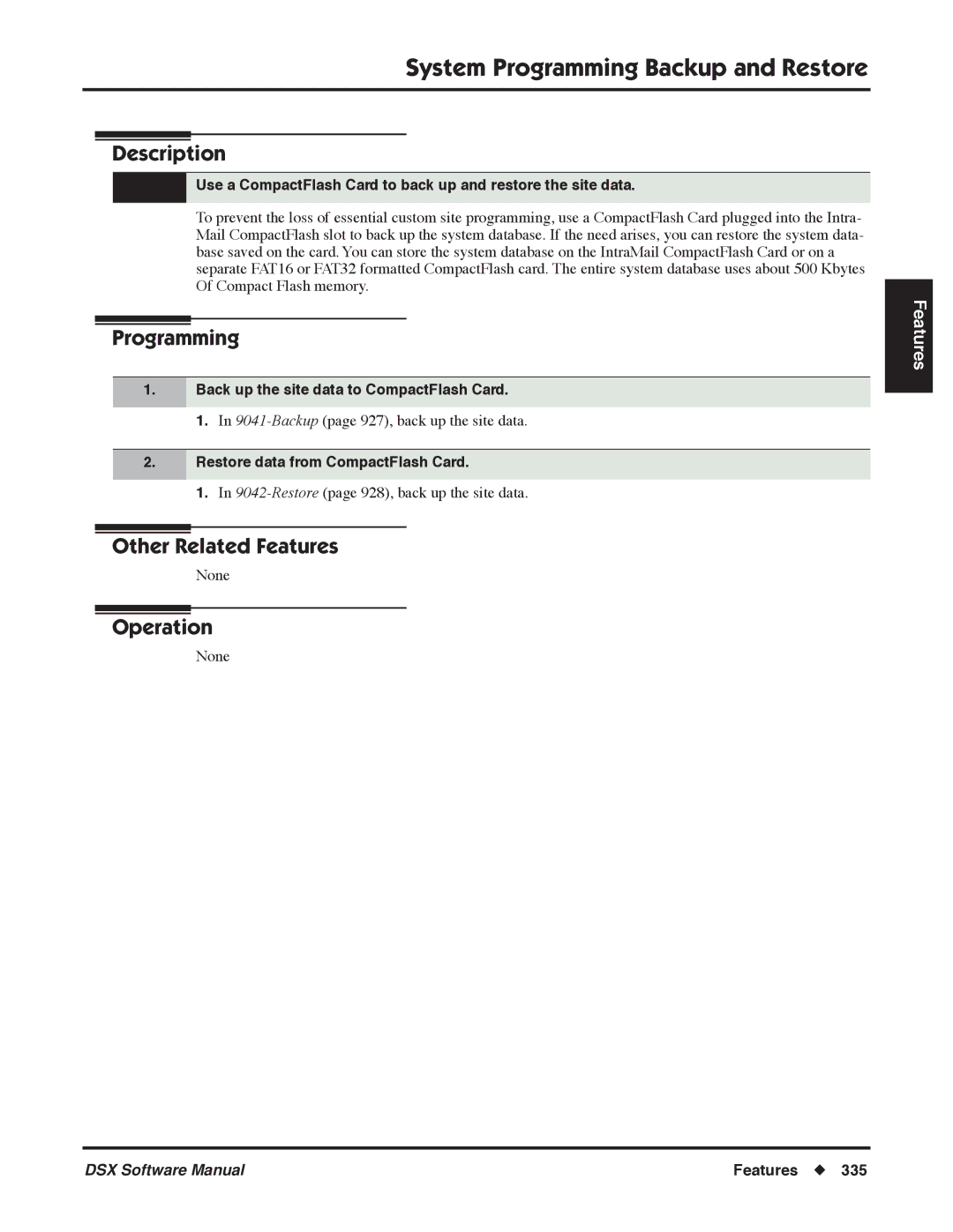 NEC N 1093100 software manual System Programming Backup and Restore, Back up the site data to CompactFlash Card 