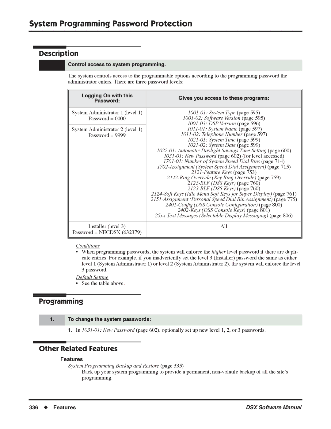 NEC N 1093100 System Programming Password Protection, Control access to system programming, To change the system passwords 