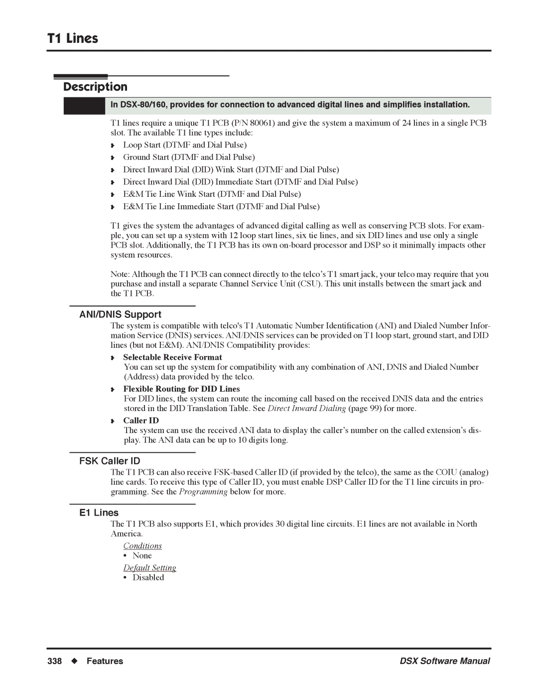 NEC N 1093100, P software manual T1 Lines, FSK Caller ID, E1 Lines, Flexible Routing for did Lines 