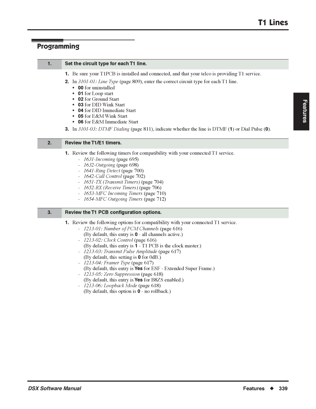 NEC N 1093100 Set the circuit type for each T1 line, Review the T1/E1 timers, Review the T1 PCB conﬁguration options 