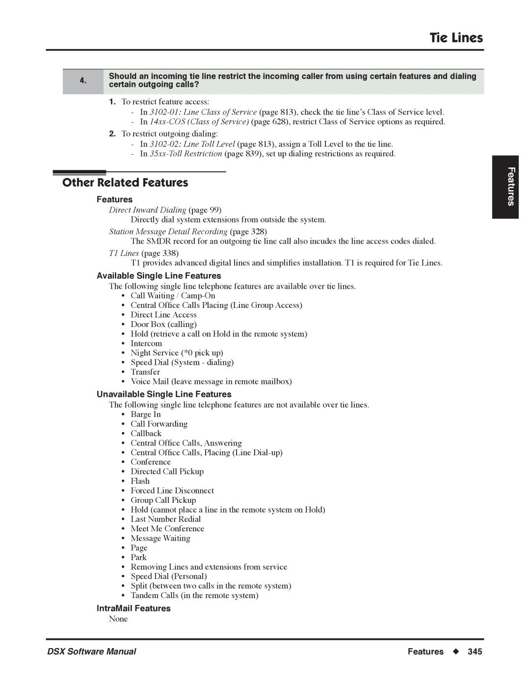 NEC P, N 1093100 software manual Available Single Line Features, Unavailable Single Line Features 